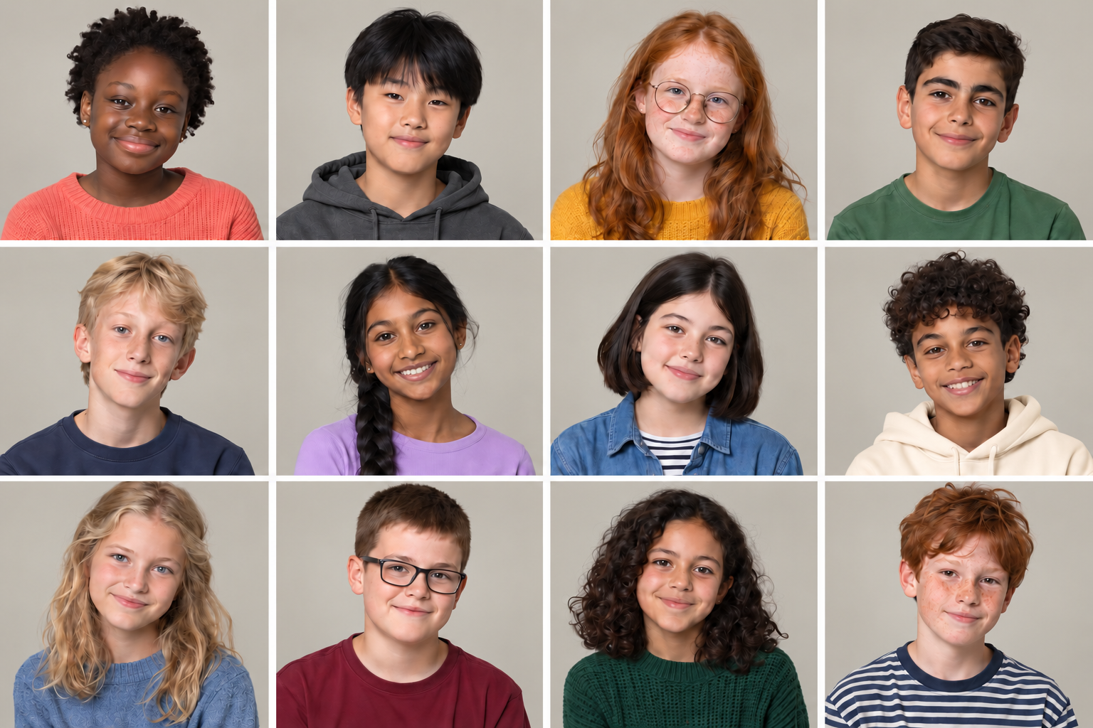 Doce retratos escolares con fondo gris cálido